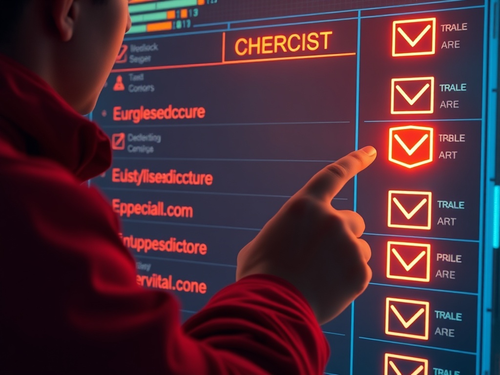 a person maintaining a digital security checklist with glowing tasks completed in a futuristic UI