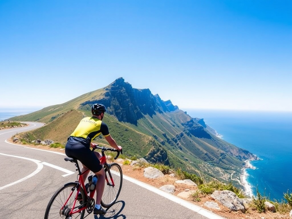 cyclist on Chapman's Peak Drive overlooking ocean cliffs, dramatic coastline, clear blue sky