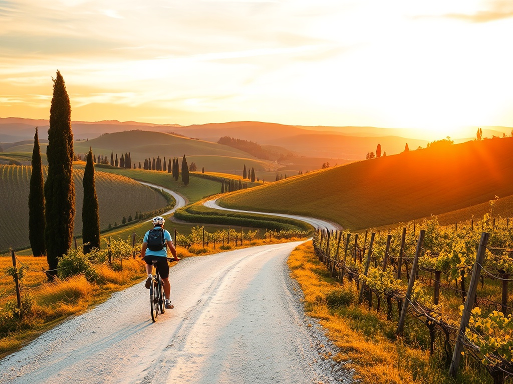cyclist on white gravel road through rolling Tuscan hills, vineyards, cypress trees, warm sunset tones