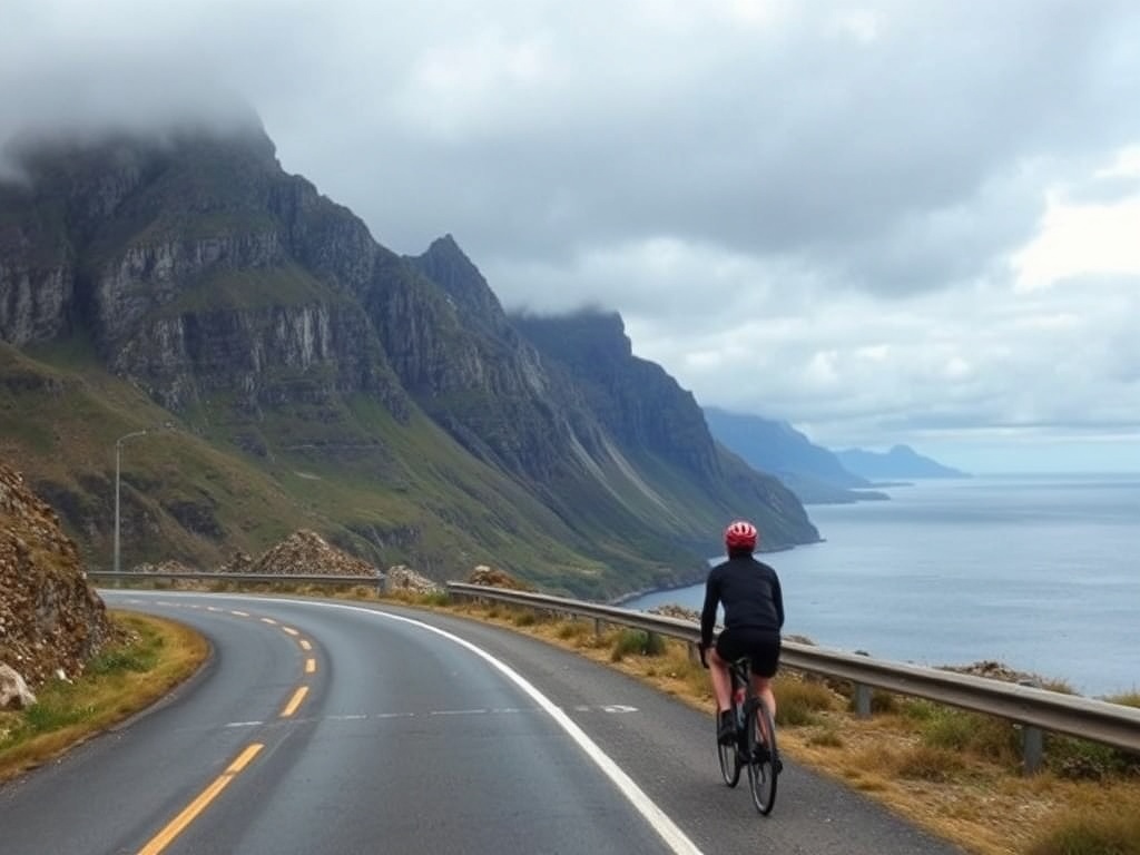 cyclist riding along coastal road in Lofoten Islands, jagged mountains rising from the sea, dramatic clouds
