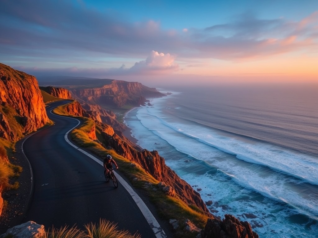 cyclist riding along dramatic coastal cliffs at sunrise, winding road, ocean waves crashing below, golden light