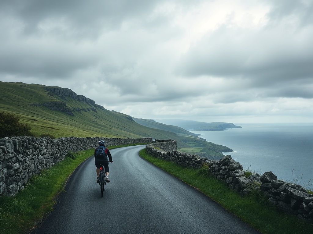 cyclist riding along green coastal road in Ireland, stone walls, ocean views, cloudy dramatic sky