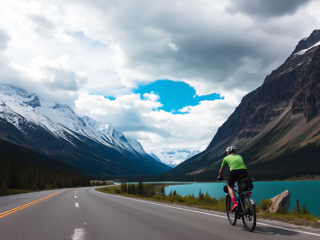 cyclist riding along Icefields Parkway with snow-capped mountains, turquoise lake, dramatic sky