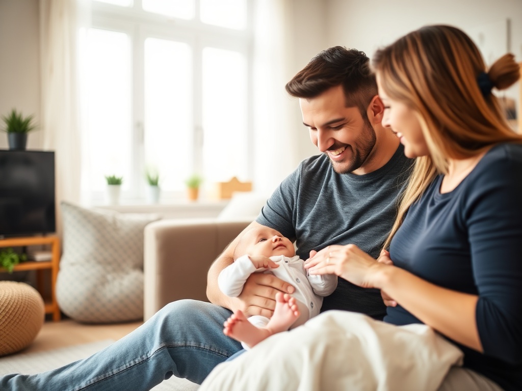 A dad and mom communicating and working together to care for their baby in the living room.