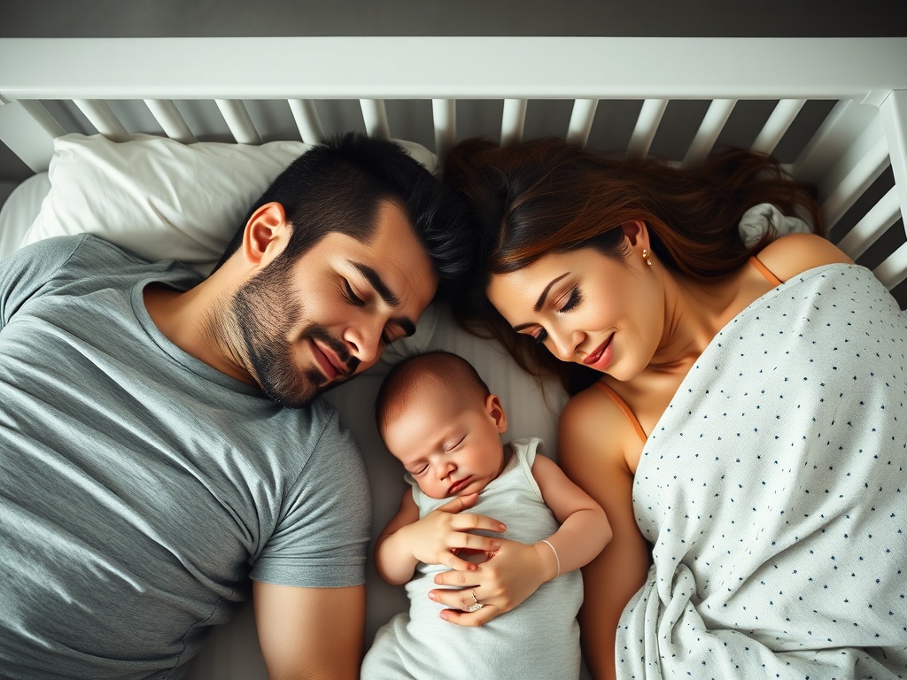 A dad and mom taking turns to rest while the baby sleeps peacefully in a crib.