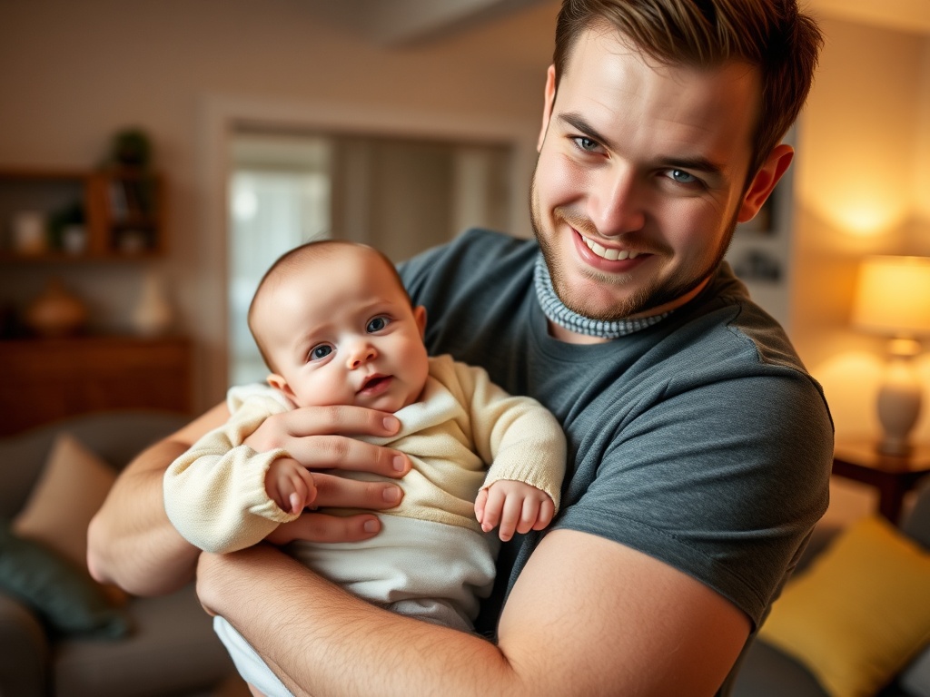 A dad holding a baby with a calm smile, wearing casual clothes in a cozy living room with soft lighting.
