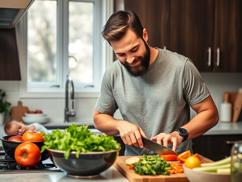A dad prepping meals in the kitchen, chopping vegetables while the baby sleeps in the background.