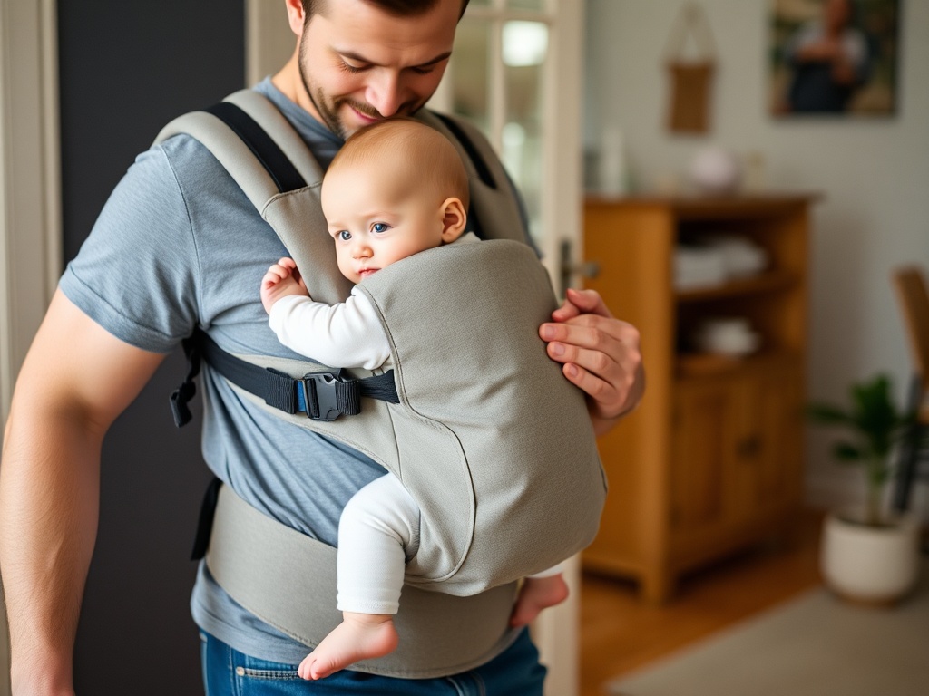 A dad wearing a baby carrier, walking around the house with the baby comfortably resting.