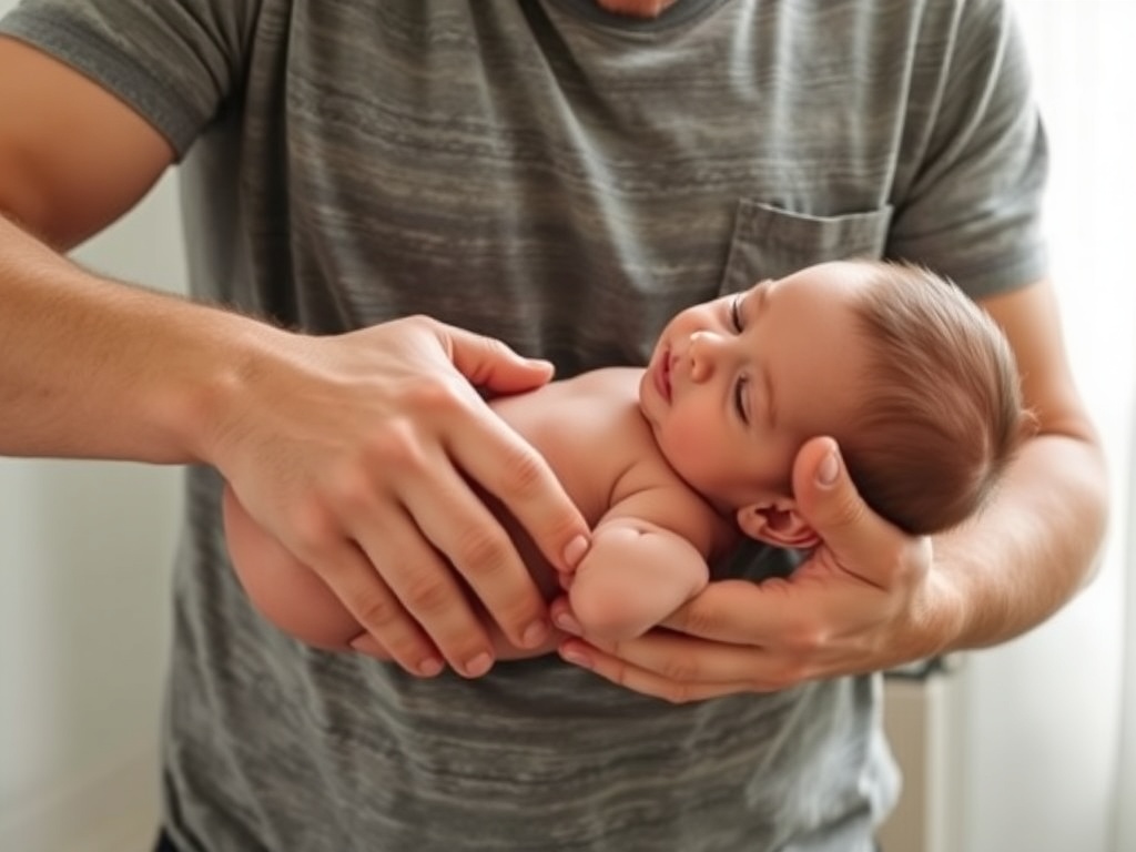 father gently holding baby skin to skin on chest, calm natural light, peaceful bonding moment