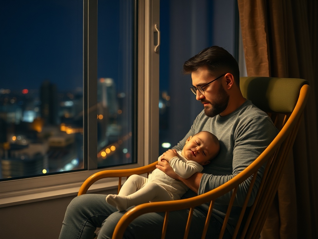 father rocking baby at night by window, city lights outside, quiet reflective mood