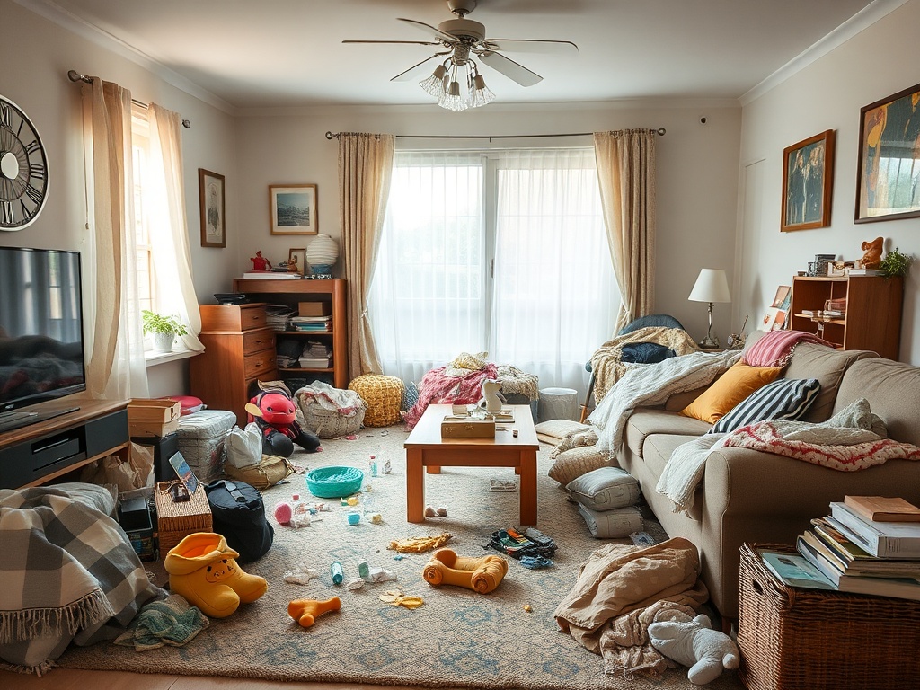 messy living room with baby gear scattered, bottles, blankets, lived-in chaos but warm atmosphere