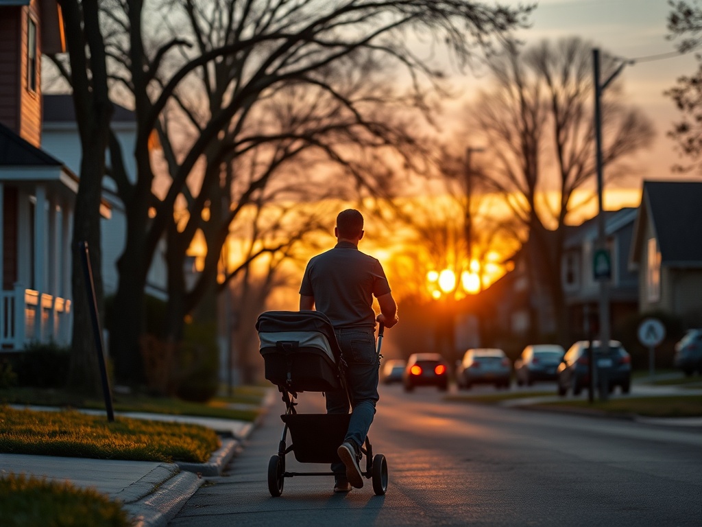 new dad pushing stroller on quiet suburban street at sunset, calm reflective atmosphere
