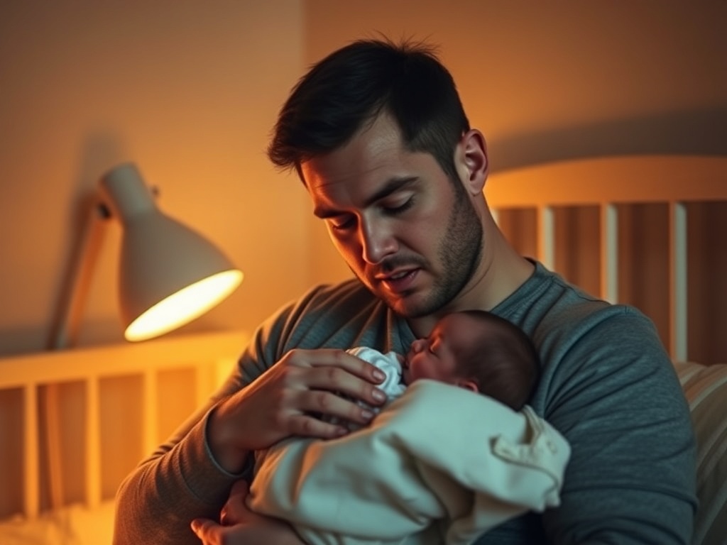 sleep-deprived new dad holding newborn in dim warm nursery light, candid, emotional