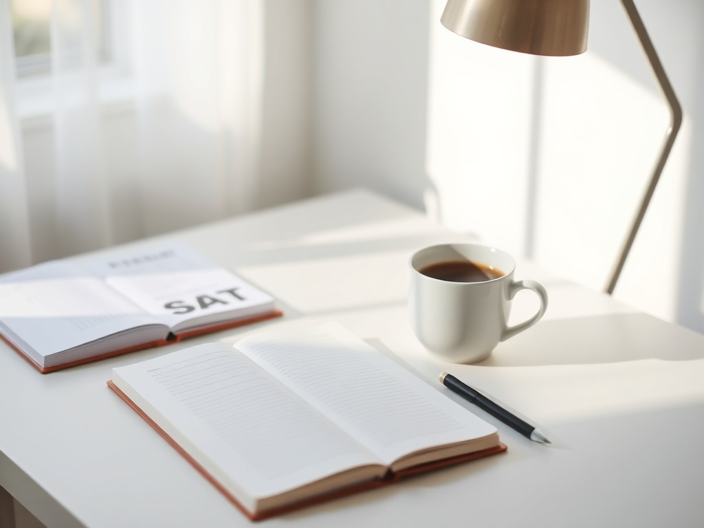 a calm minimalist desk with journal, coffee, and soft morning light, representing a fresh start