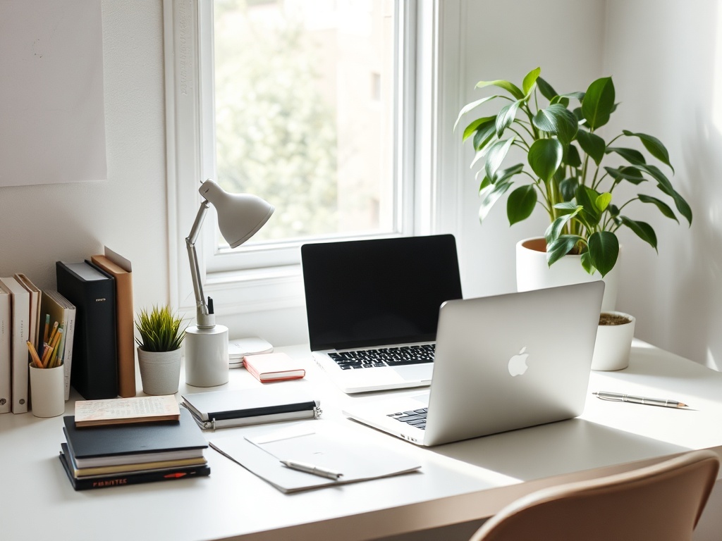 clean organized workspace with minimal clutter, laptop, plant, natural light, calm atmosphere