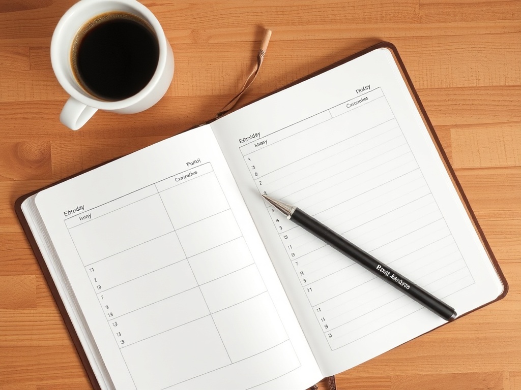 daily planner open with simple structured schedule, pen and coffee, minimalistic lifestyle