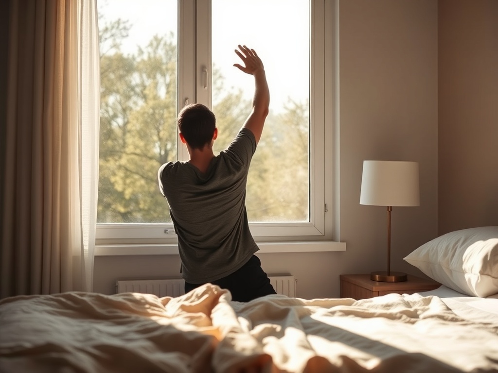 early morning sunlight through window, person stretching beside bed, calm and fresh start feeling
