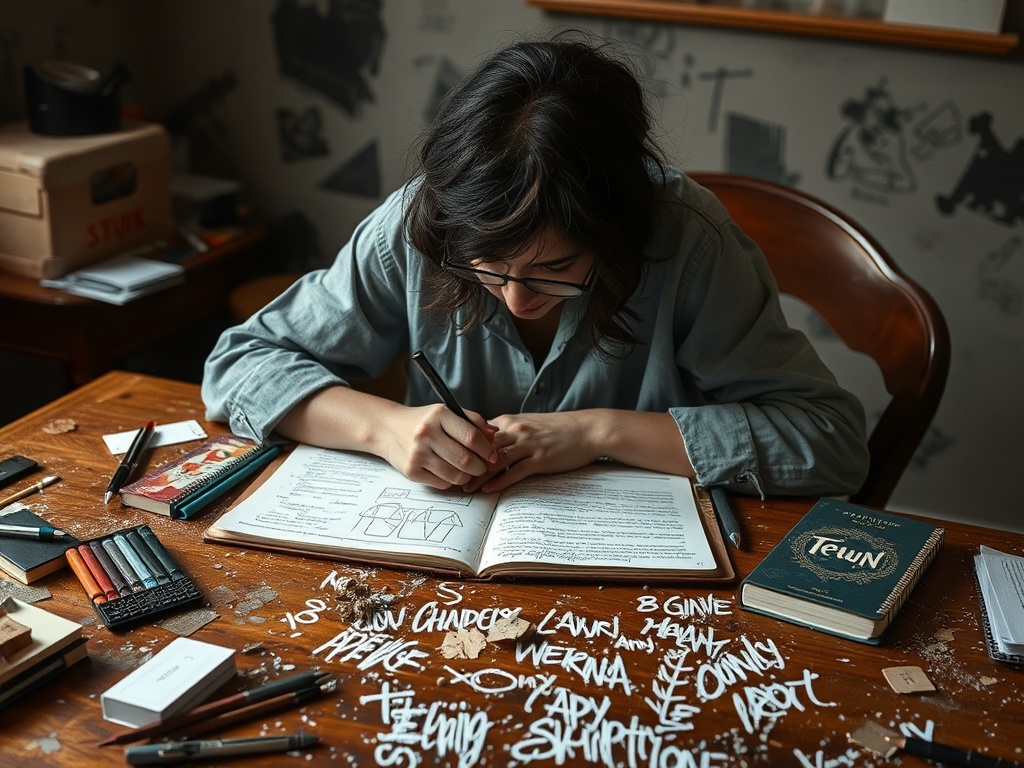 person journaling intensely at a table, focused expression, messy notes symbolizing self reflection