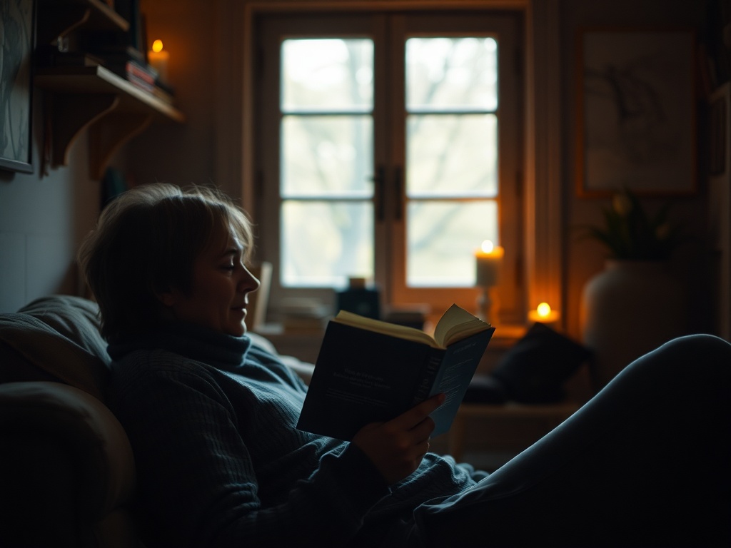 person reading a book in a quiet cozy space, warm lighting, focused and peaceful mood