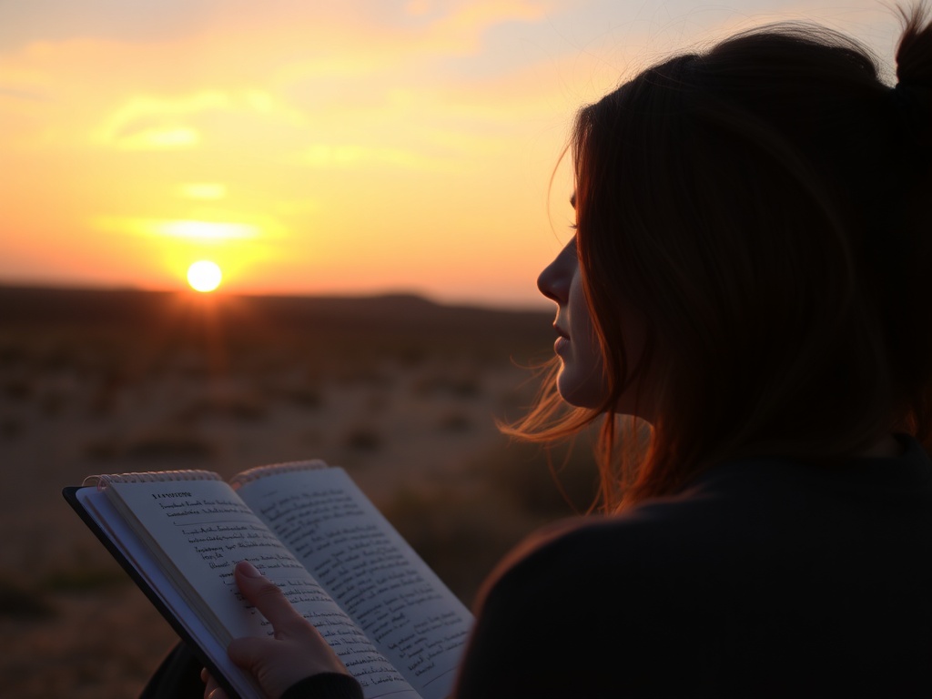 person reflecting at sunset with journal, thoughtful expression, calm and intentional mood