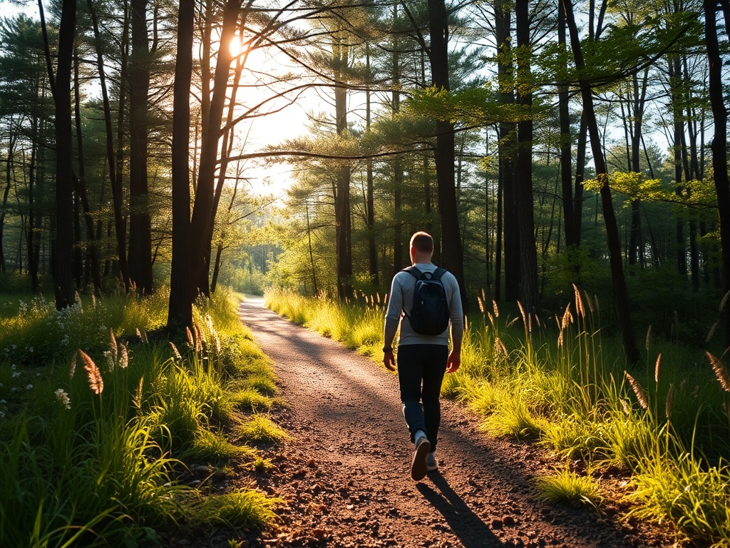 person walking outdoors in nature trail, sunlight filtering through trees, calm and refreshing vibe