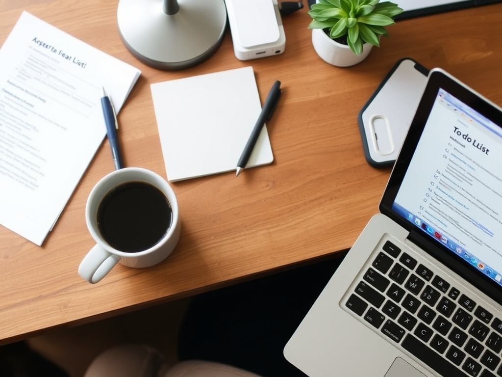 A busy desk with a to-do list, coffee, and a laptop with notes on a productive lifestyle