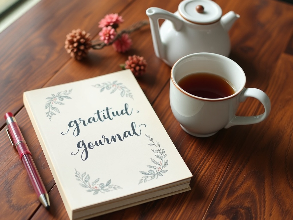 A gratitude journal with a cup of tea