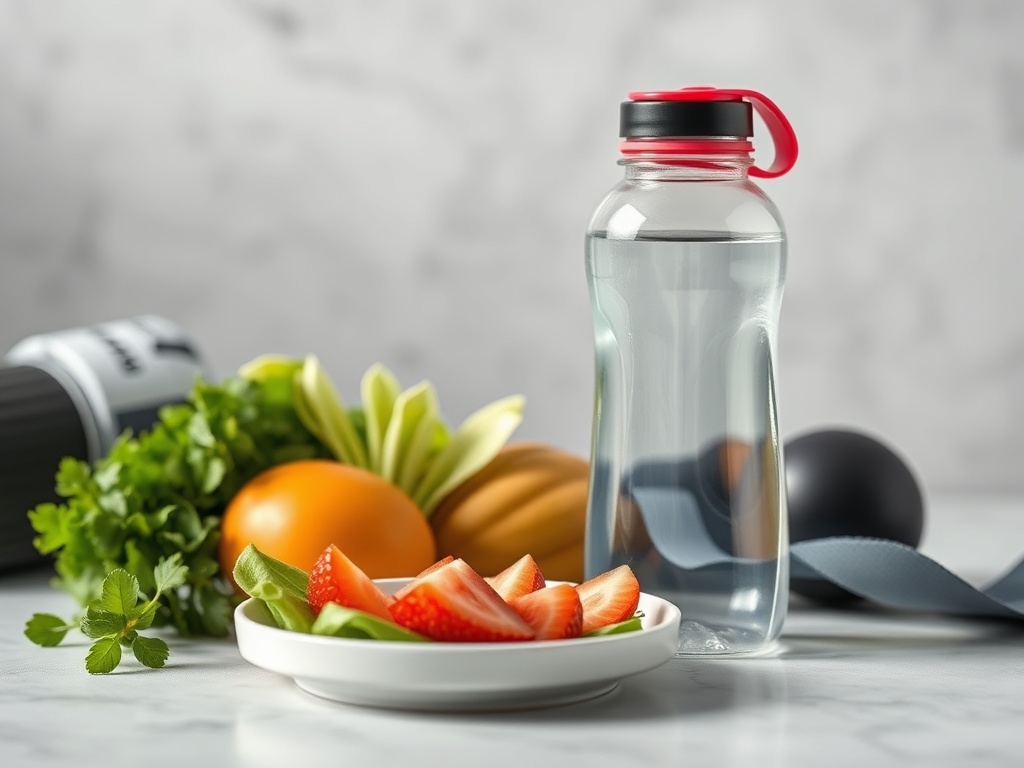 A healthy breakfast, exercise, and water bottle to symbolize wellness