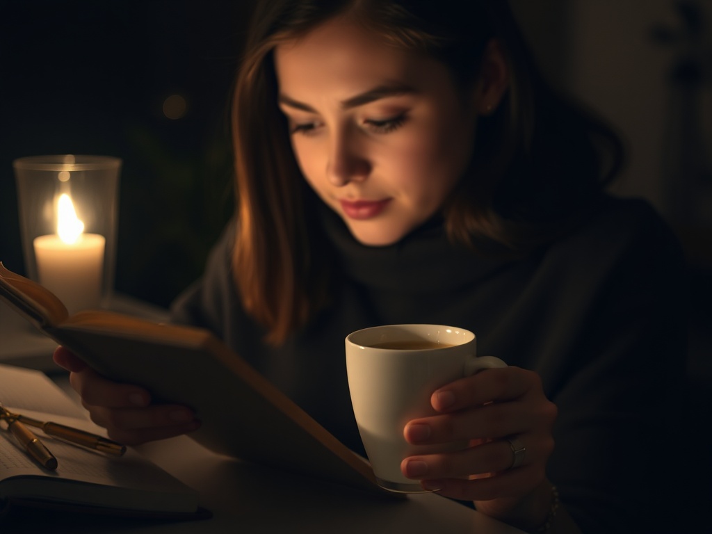 A person reflecting at night with a journal and a cup of tea