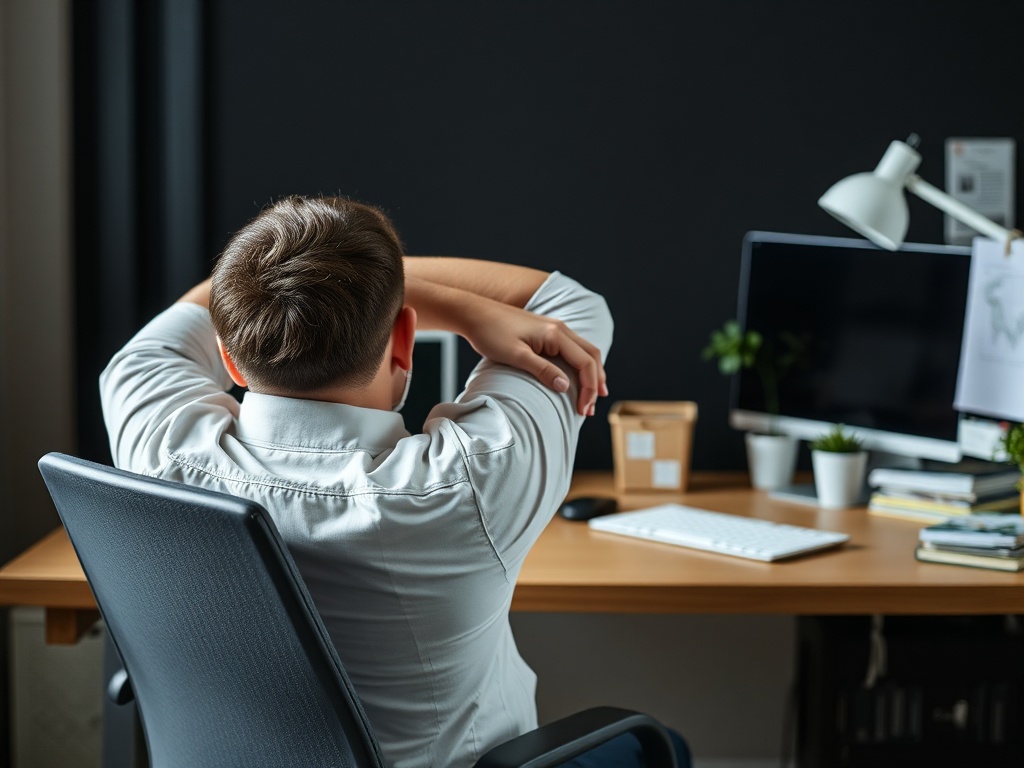 A person stretching at their desk to take a break