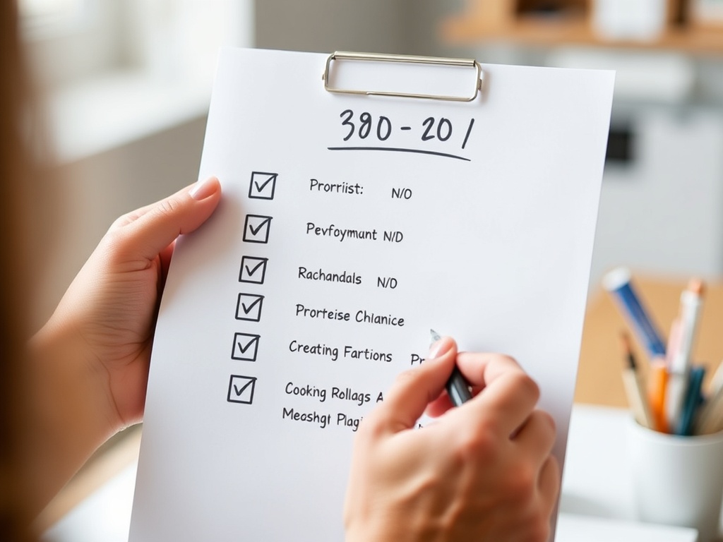A person working with a checklist showing 80/20 prioritization