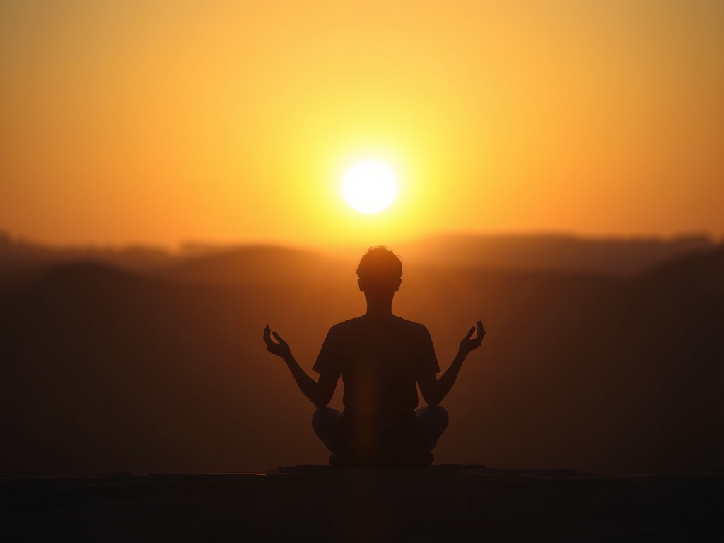 A sunrise with a person meditating, symbolizing morning routines