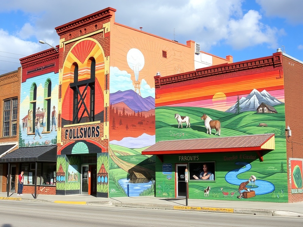 colorful murals on buildings in Dawson Creek depicting history and prairie culture