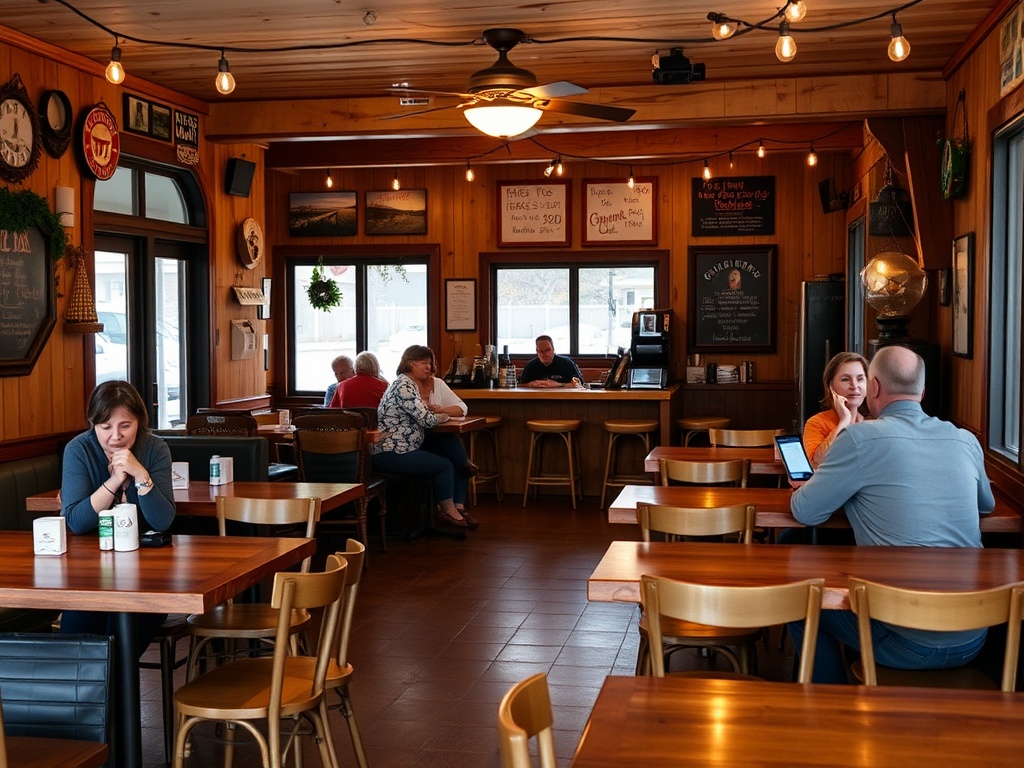 cozy local coffee shop in Dawson Creek with wooden tables and people chatting