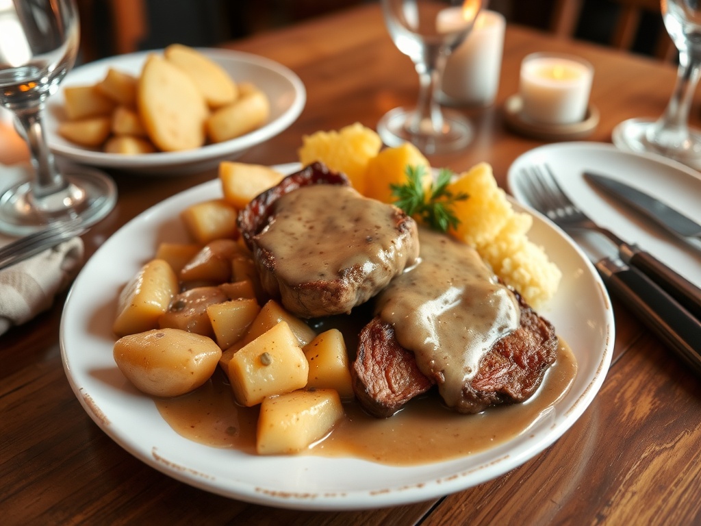 hearty Canadian comfort food plate with steak potatoes gravy rustic restaurant setting