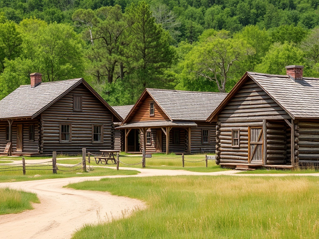 historic pioneer village cabins and wooden buildings with dirt paths and prairie grass