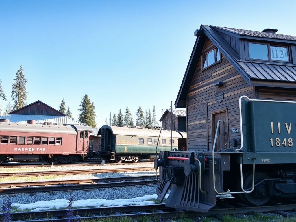 historic train cars and vintage railway buildings in Northern Alberta Railway Park Dawson Creek under blue sky