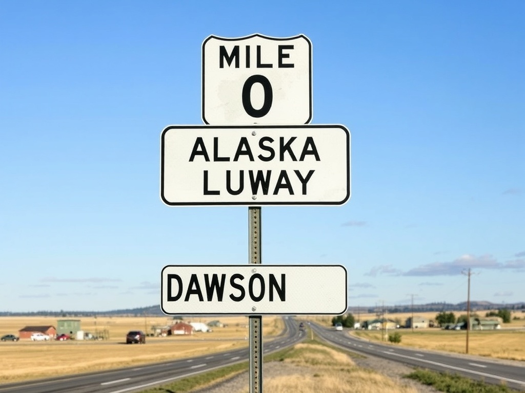 iconic Mile 0 Alaska Highway sign in Dawson Creek with prairie sky and small town surroundings