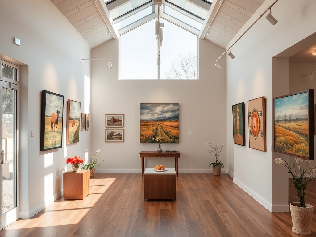 modern interior of small regional art gallery with prairie inspired artwork and natural light