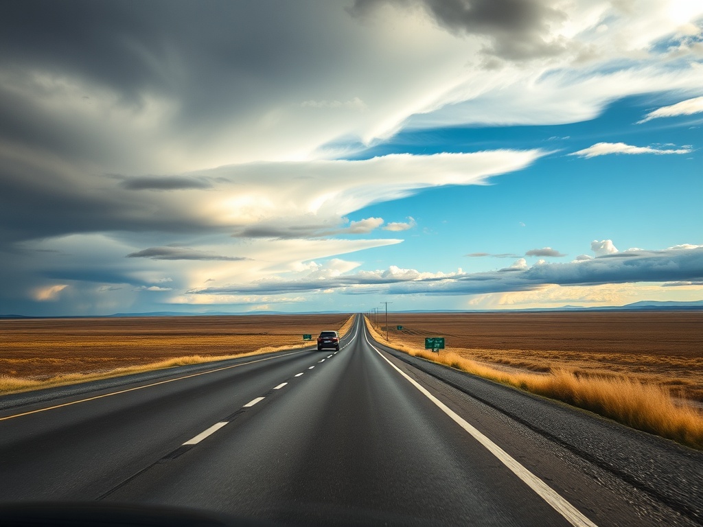 open road Alaska Highway leaving Dawson Creek with endless prairie horizon and dramatic sky