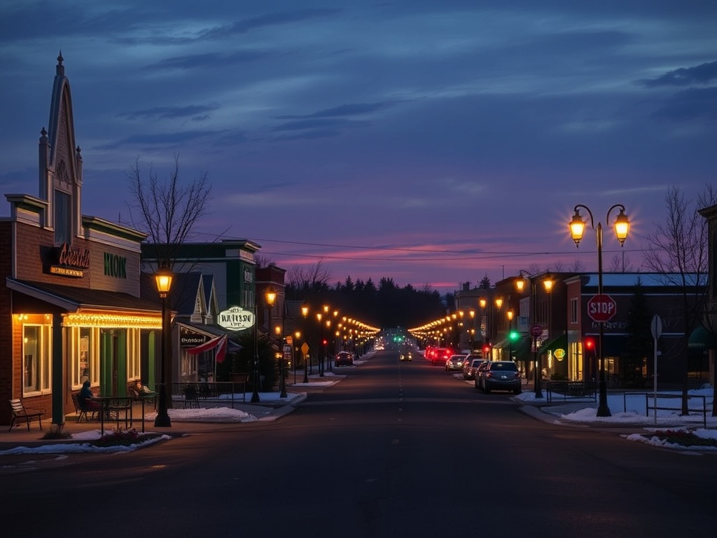 quiet evening street in Dawson Creek with warm lights small town calm atmosphere
