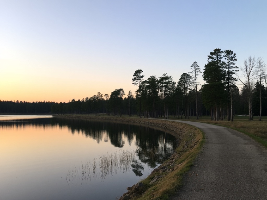 Rotary Lake Dawson Creek calm water walking trail trees reflection peaceful evening