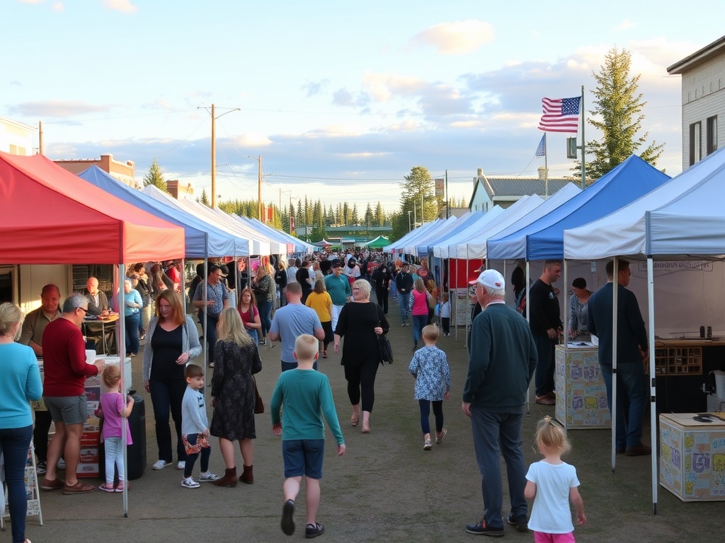 small town outdoor festival in Dawson Creek with tents, live music, and families enjoying
