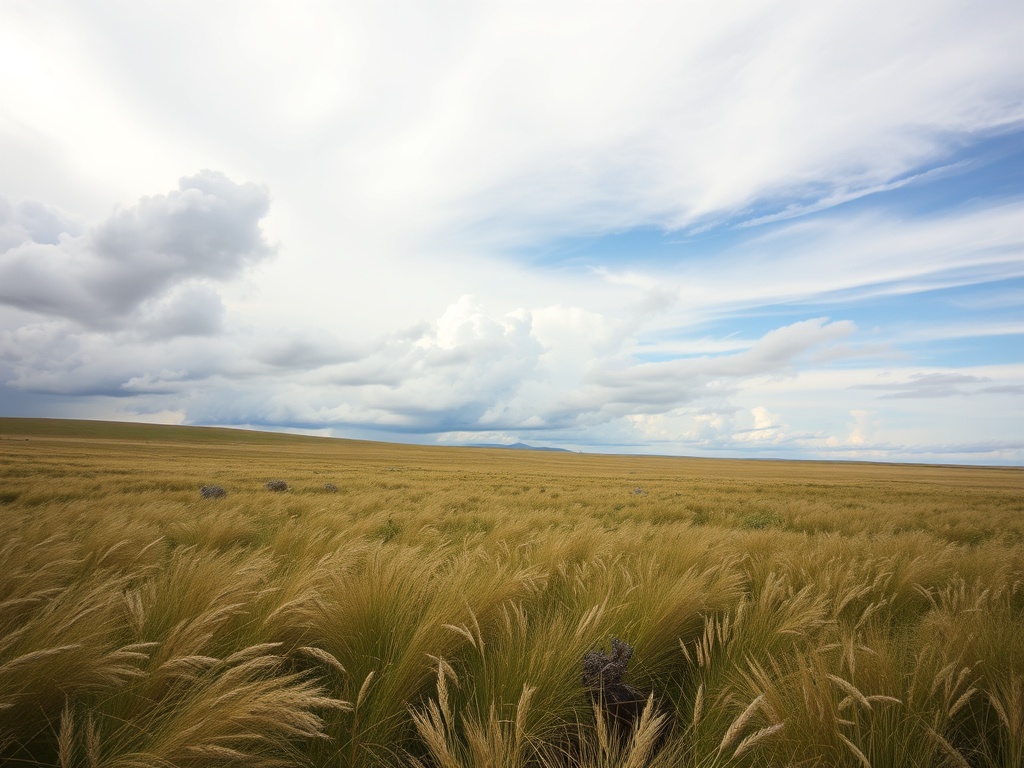 wide open prairie landscape with strong wind blowing grass and dramatic clouds