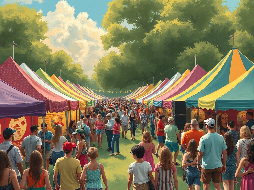 vivid description of a community festival with live music, colorful tents, and happy people