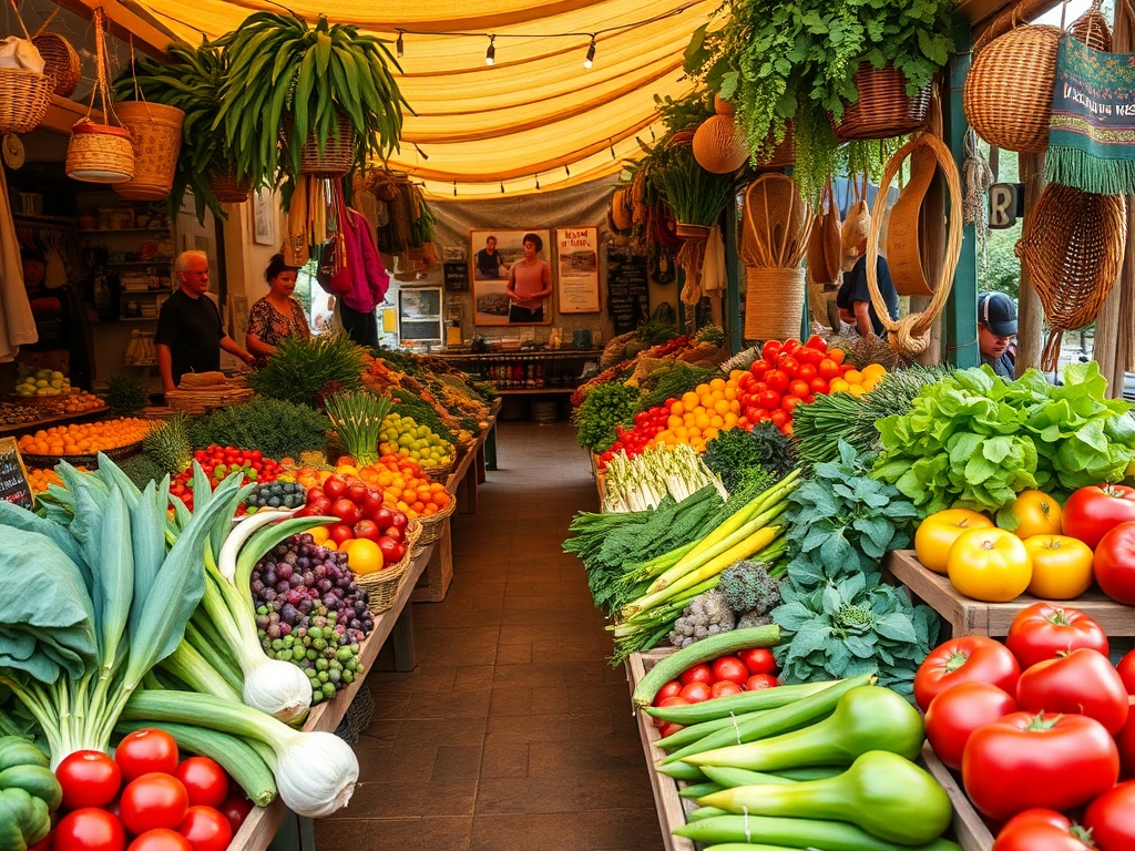 vivid description of a farmer's market with fresh vegetables, colorful fruits, and local crafts