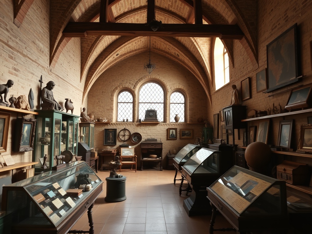 vivid description of a historic museum with old artifacts and antique displays