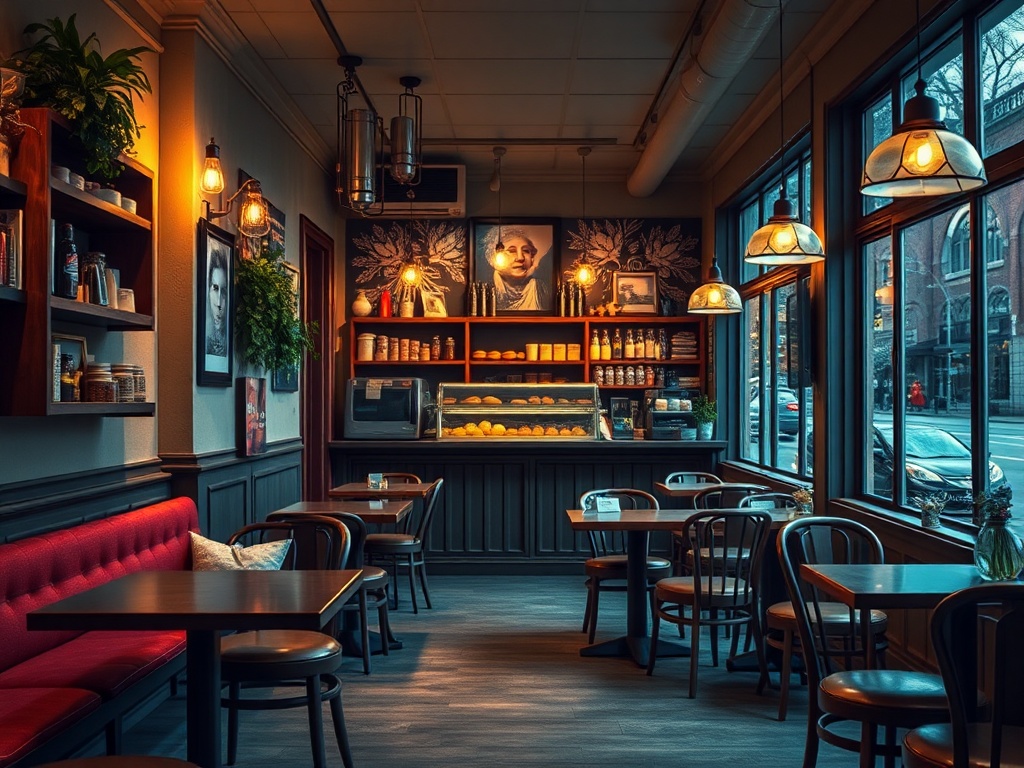 vivid description of a local cafe with cozy seating, warm lighting, and pastries on display