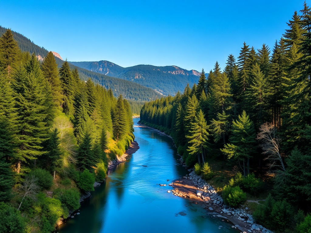 vivid description of a scenic Deep River landscape, featuring lush forests and a serene river