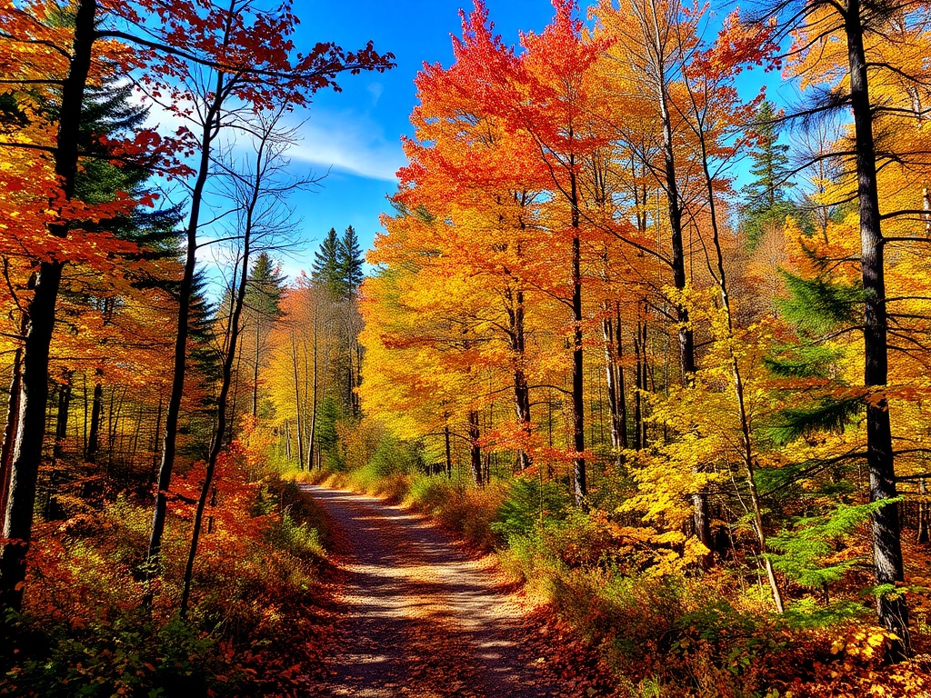 vivid description of a trail in Algonquin Park with autumn colors, a mix of dense forest and clear skies